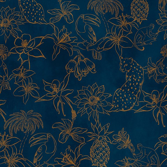 Papel de Parede Floral Noturno Mostarda e Azul Marinho